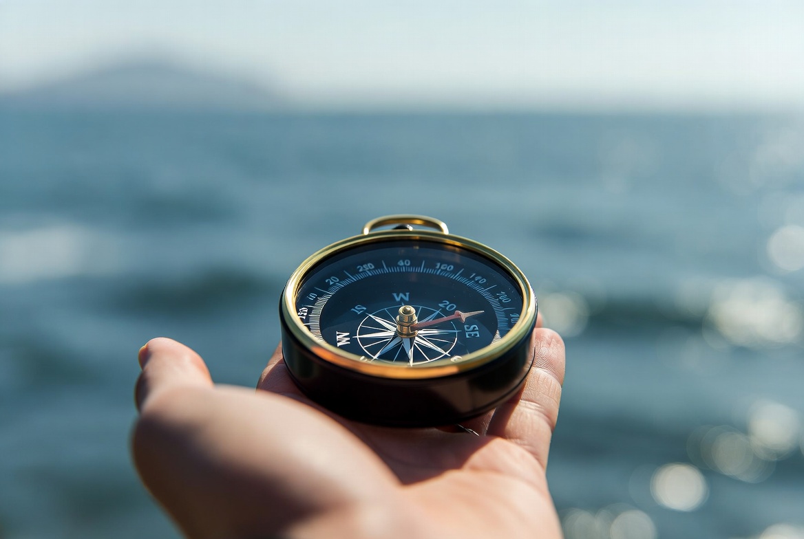 A brass compass held over open water, cardinal points visible — Compass Coaching by Jonas Partners